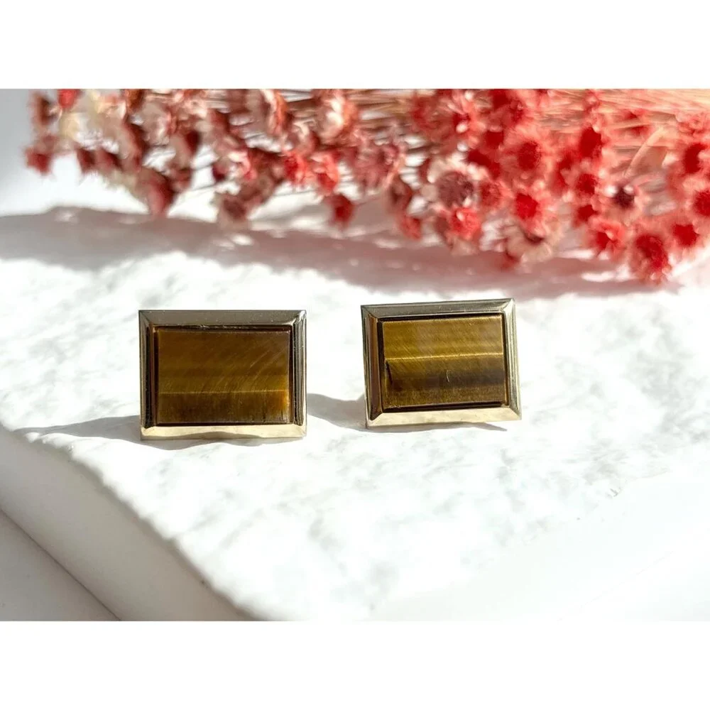 Faux Tiger's Eye Gold Toned Rectangular Vintage 80's Style Cuff Links